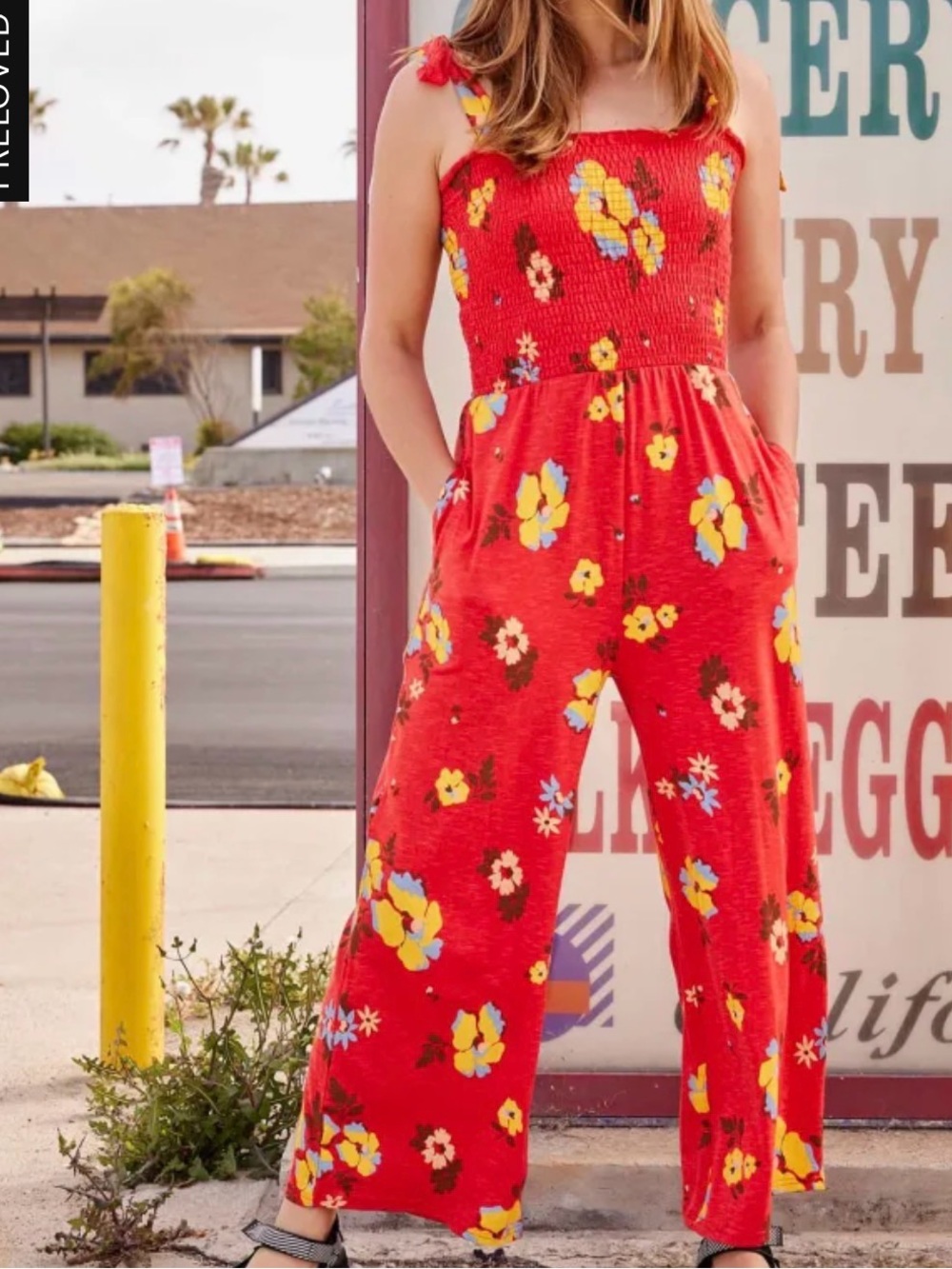 Toad&Co Red Floral Smocked Wide-Leg Jumpsuit